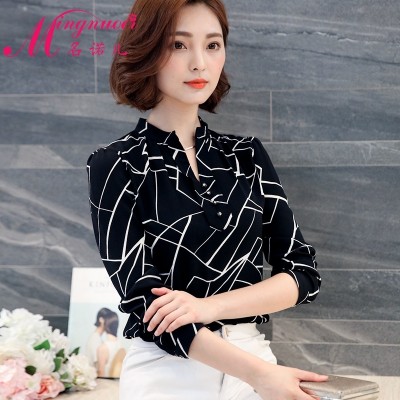 new spring Korean female long sleeved chiffon shirt printed shirt short sleeved summer short shirt jacket all-match inch