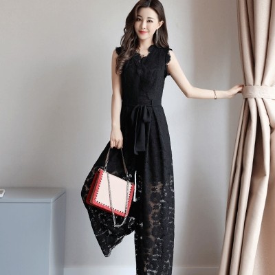 Siamese pants female  summer new temperament V thin waist collar lace openwork Jumpsuit wide leg pants trousers tide