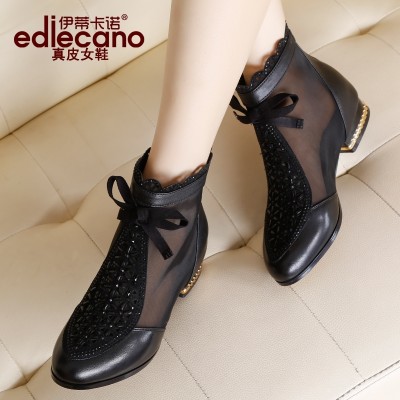 The new spring and summer leather boots with low net diamond mesh breathable shoes women's sandal boots Flat Boots