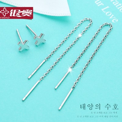 S925 silver chain tassel ear line long ears South Korea temperament cross pendant earrings simple stud earrings